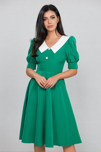 Rochie MBG Verde cu Guler Stilizat și Mânecă Bufantă