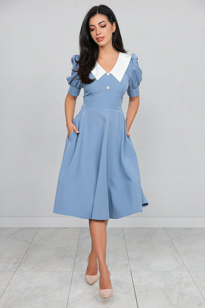 Rochie MBG Bleu cu Guler Stilizat și Mânecă Bufantă