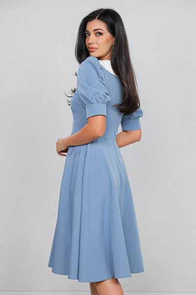 Rochie MBG Bleu cu Guler Stilizat și Mânecă Bufantă