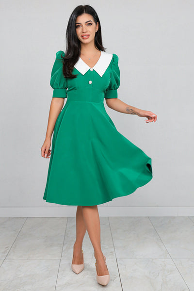 Rochie MBG Verde cu Guler Stilizat și Mânecă Bufantă
