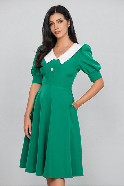 Rochie MBG Verde cu Guler Stilizat și Mânecă Bufantă