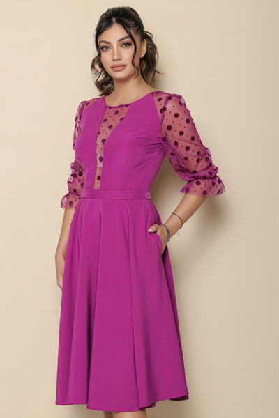 Rochie MBG magenta cu insertie si maneci din tull cu buline