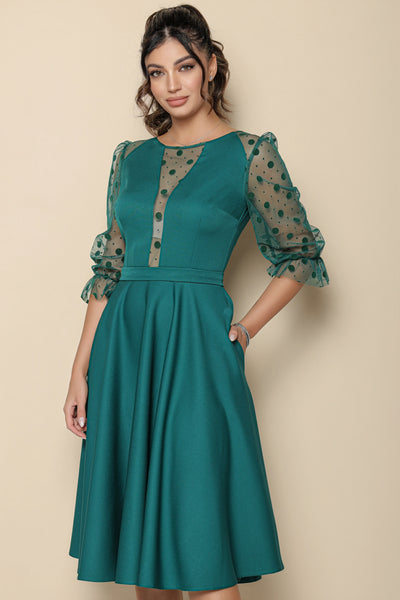 Rochie MBG verde cu insertie si maneci din tull cu buline