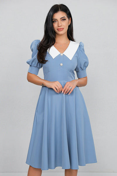 Rochie MBG Bleu cu Guler Stilizat și Mânecă Bufantă