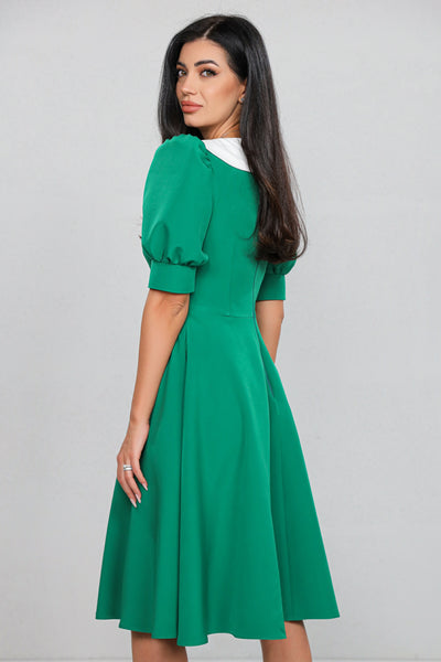 Rochie MBG Verde cu Guler Stilizat și Mânecă Bufantă