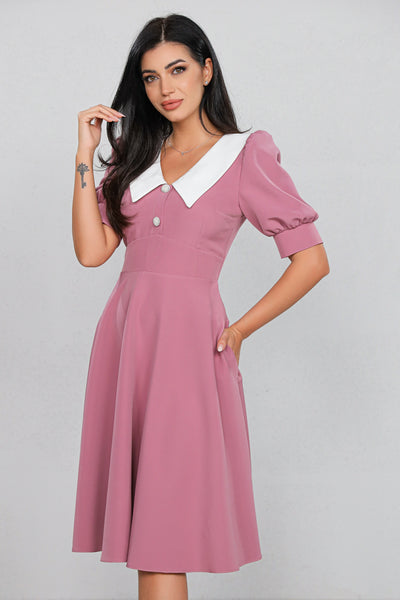 Rochie MBG Roz cu Guler Stilizat si Mânecă Bufantă