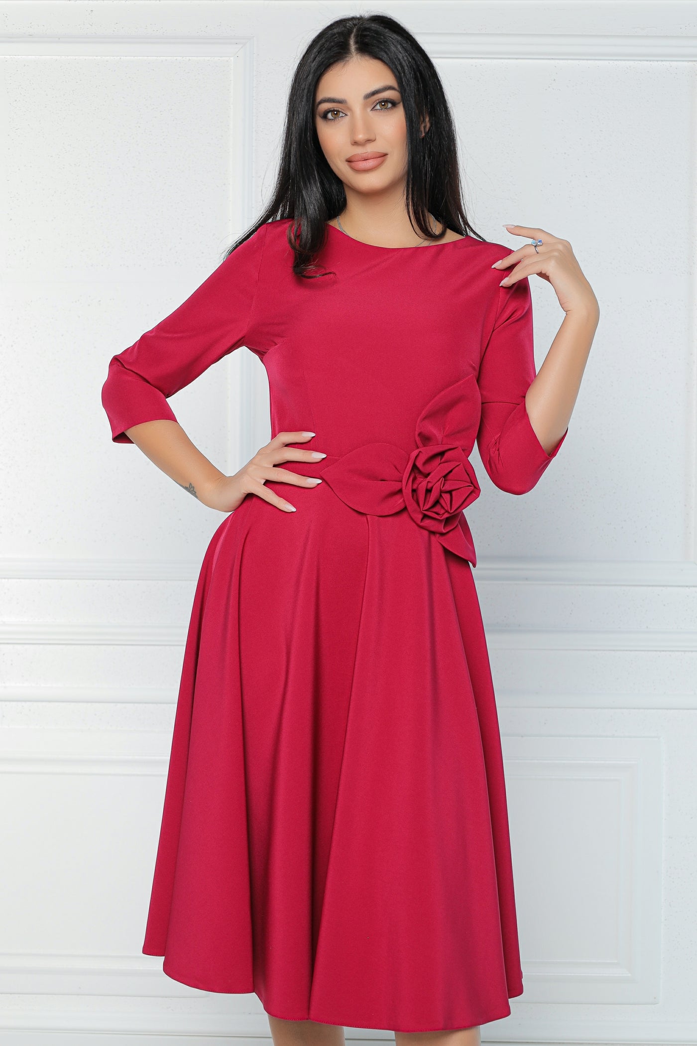 Rochie MBG bordo cu floare 3D in talie