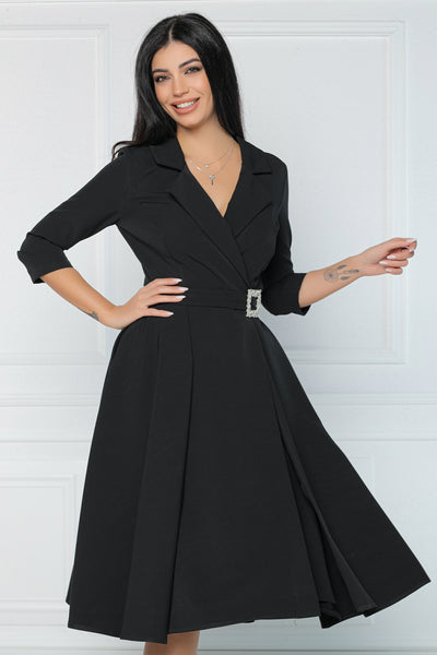 Rochie MBG neagra cu revere si catarama cu strasuri