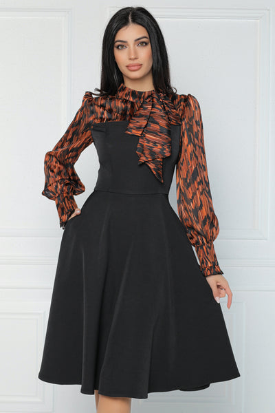 Rochie MBG neagra cu platca si maneci imprimate