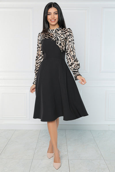 Rochie MBG neagra cu platca si maneci animal print