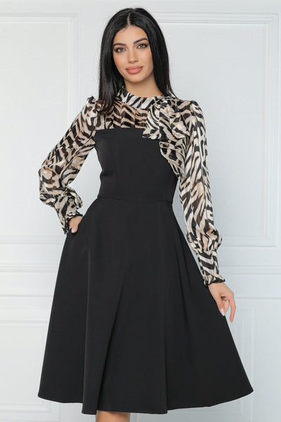 Rochie MBG neagra cu platca si maneci animal print