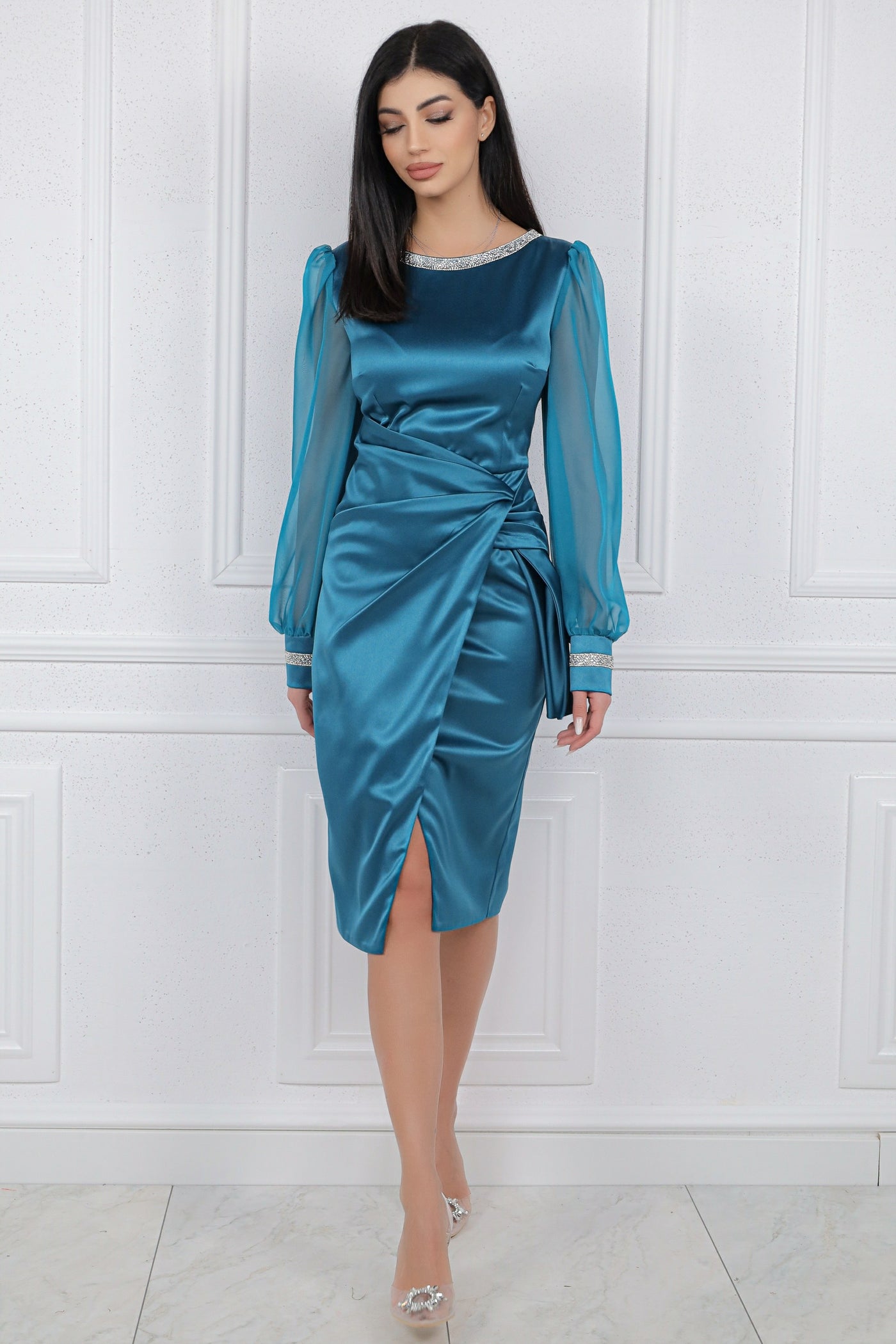 Rochie MBG turquoise cu maneci din organza