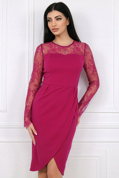 Rochie MBG fuchsia petrecuta tip lalea cu maneca din dantela