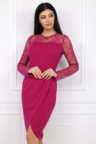 Rochie MBG fuchsia petrecuta tip lalea cu maneca din dantela