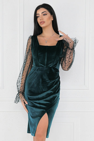 Rochie MBG verde din catifea cu maneci din tull cu buline