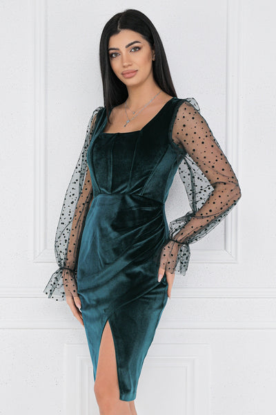 Rochie MBG verde din catifea cu maneci din tull cu buline