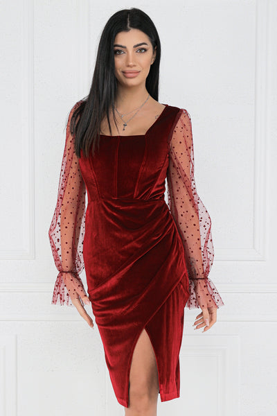 Rochie MBG bordo din catifea cu maneci din tull cu buline