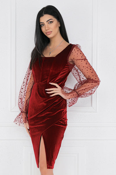 Rochie MBG bordo din catifea cu maneci din tull cu buline