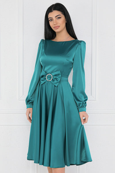 Rochie MBG verde satinata cu funda in talie