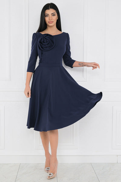 Rochie MBG bleumarin cu floare maxi pe umăr