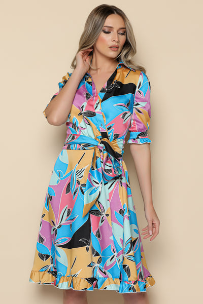 Rochie MBG albastra cu imprimeu floral si guler tip camasa