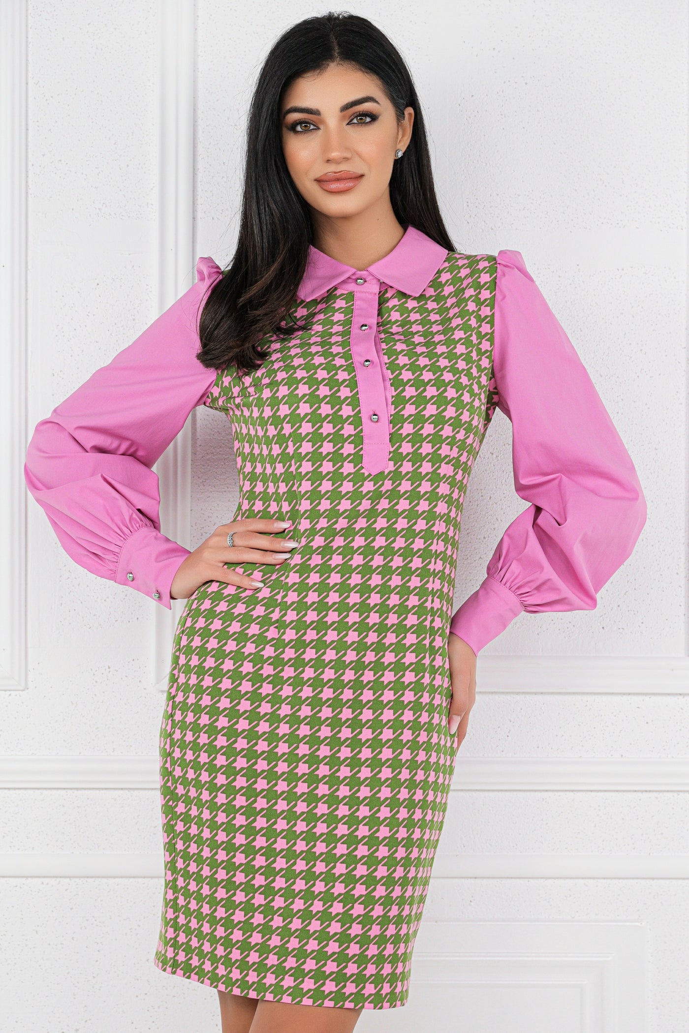 Rochie MBG office picior cocos si maneci roz din poplin