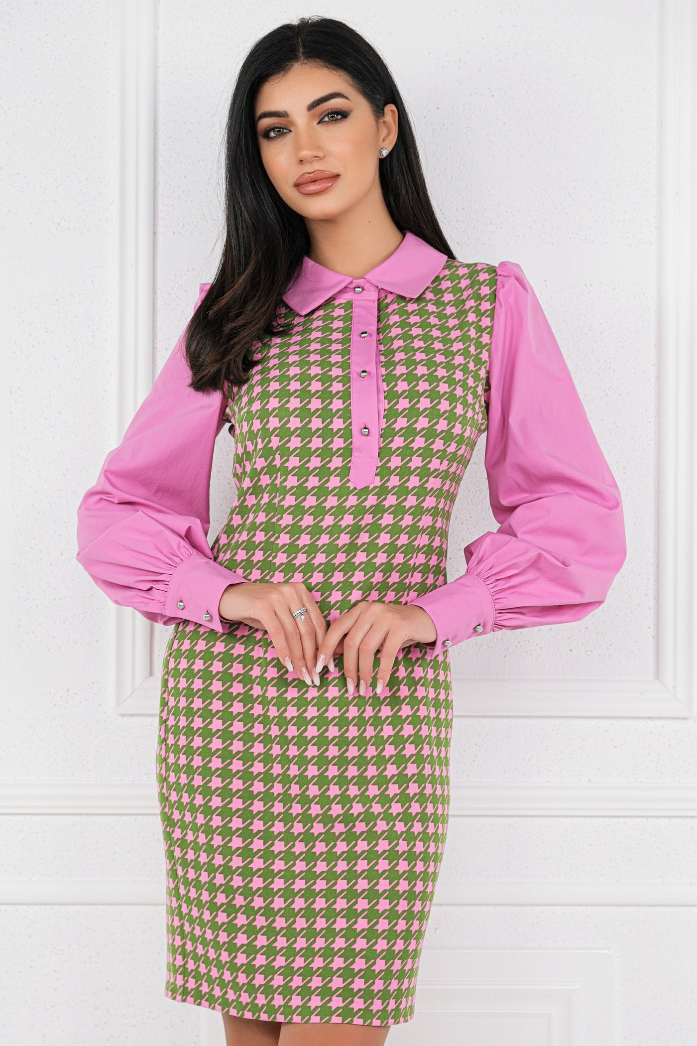 Rochie MBG office picior cocos si maneci roz din poplin