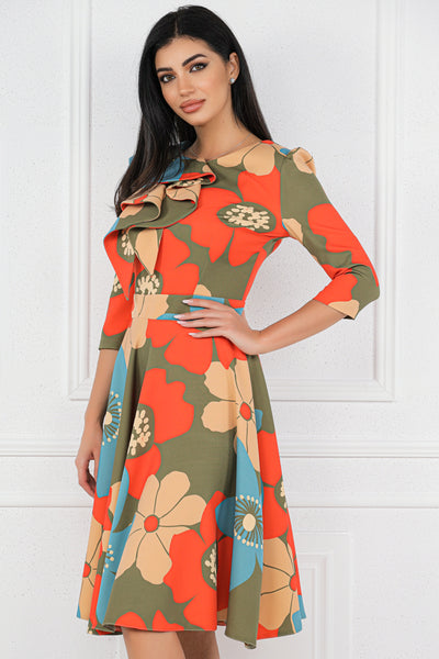 Rochie MBG olive cu flori orange si volan stilizat