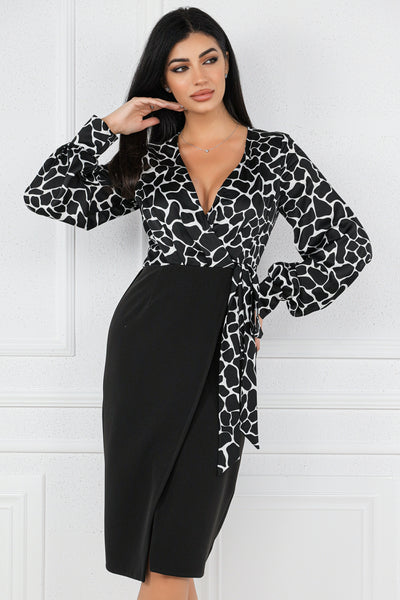 Rochie MBG neagra cu aspect petrecut si bust animal print alb