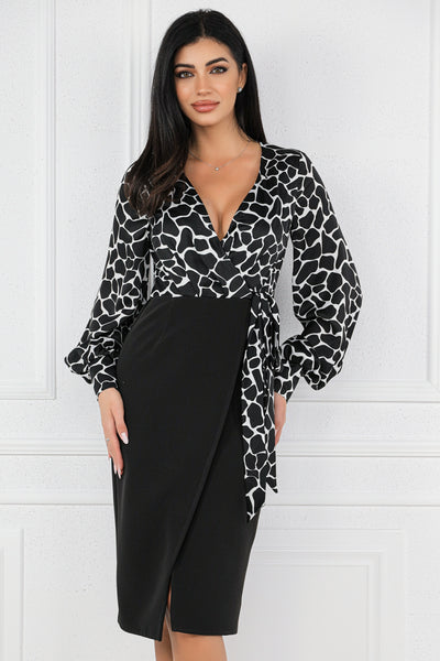 Rochie MBG neagra cu aspect petrecut si bust animal print alb