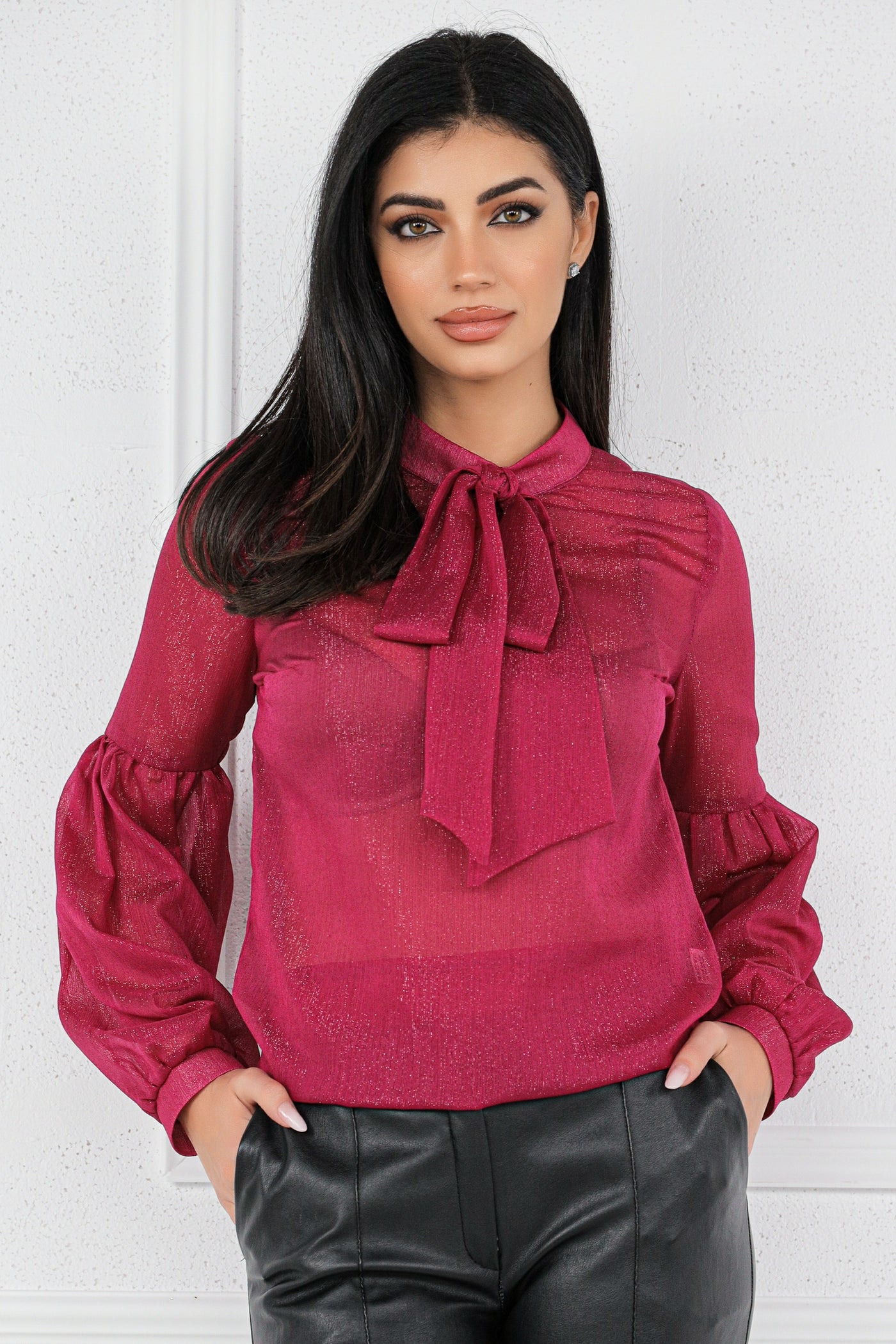 Bluza MBG fuchsia cu fir lurex maneci bufante