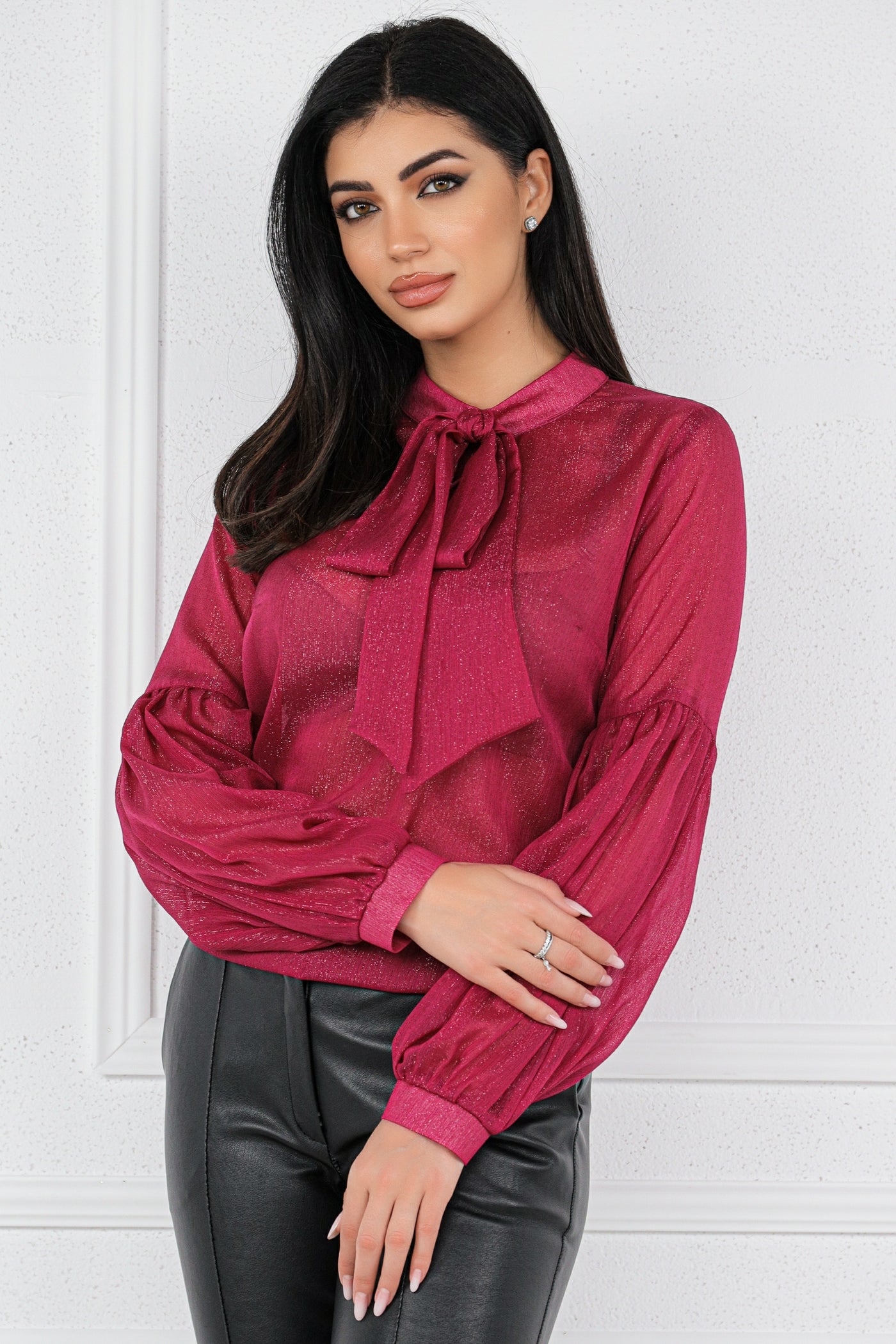 Bluza MBG fuchsia cu fir lurex maneci bufante