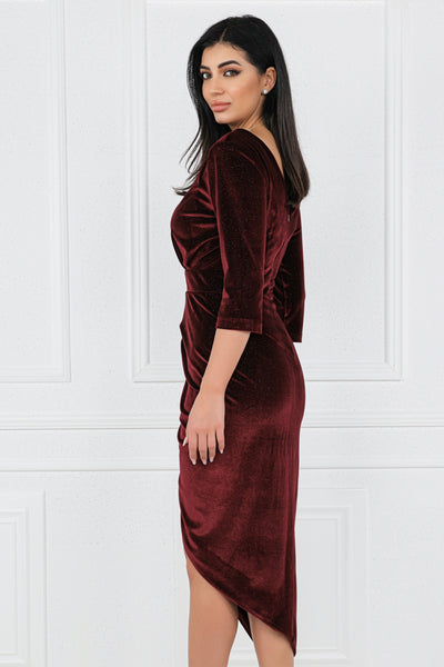 Rochie MBG bordo asimetrica din catifea cu fir lurex