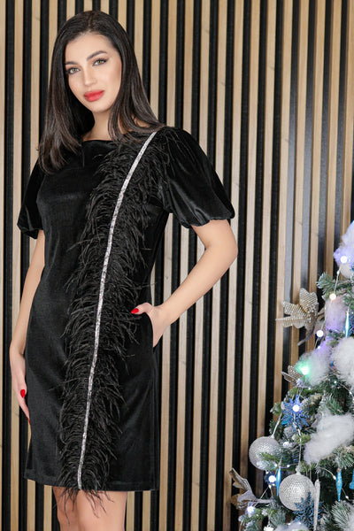 Rochie MBG neagra din catifea cu fulgi si maneci bufante