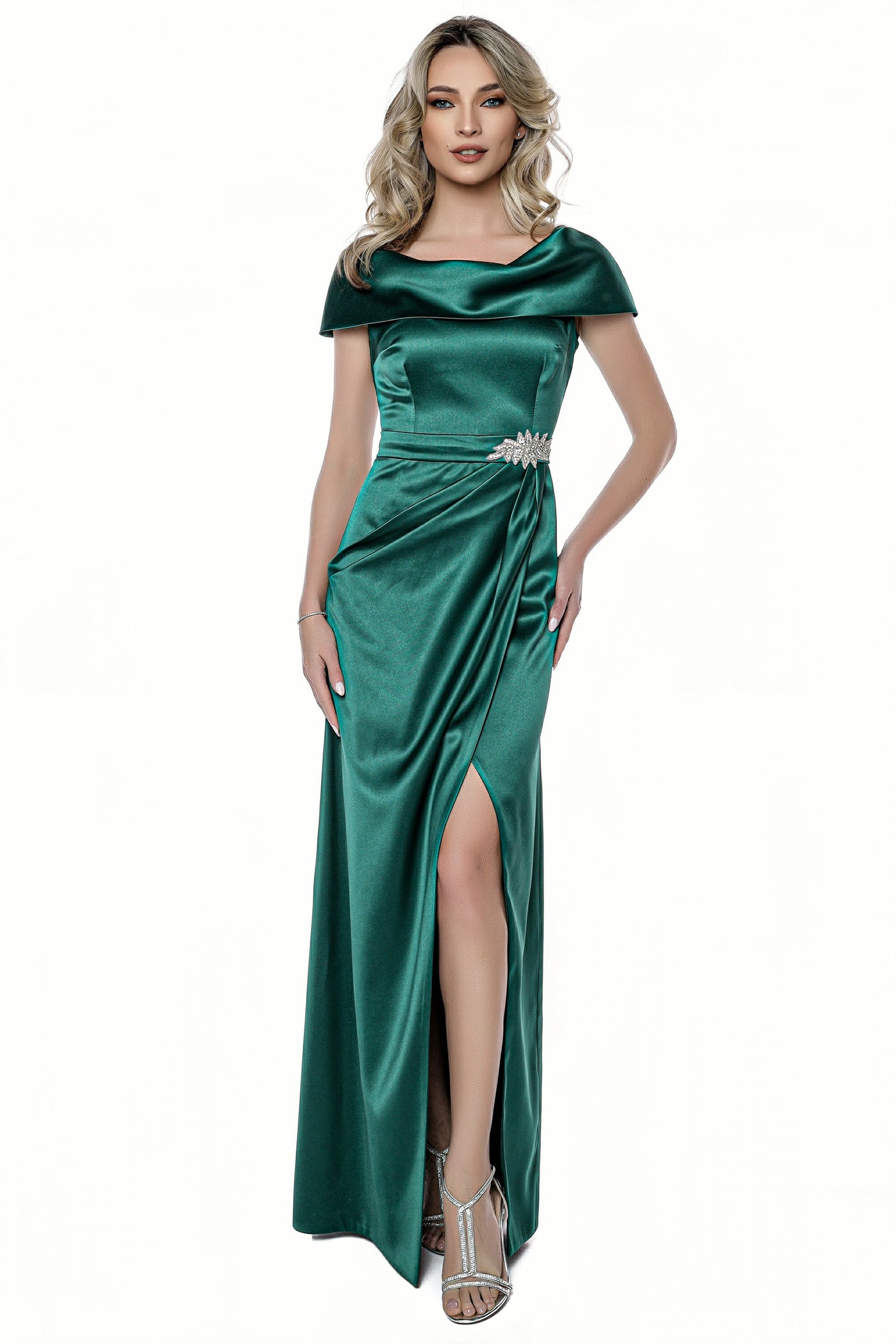 Rochie lunga MBG verde cu accesoriu in talie