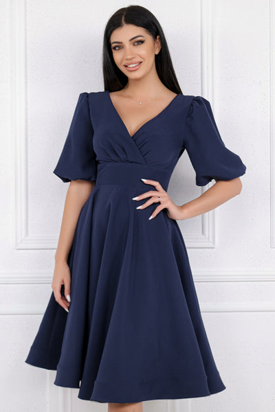 Rochie MBG bleumarin cu maneci bufante si bust petrecut