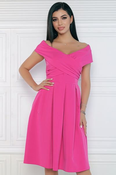 Rochie MBG fuchsia cu umeri cazuti si pliuri in talie