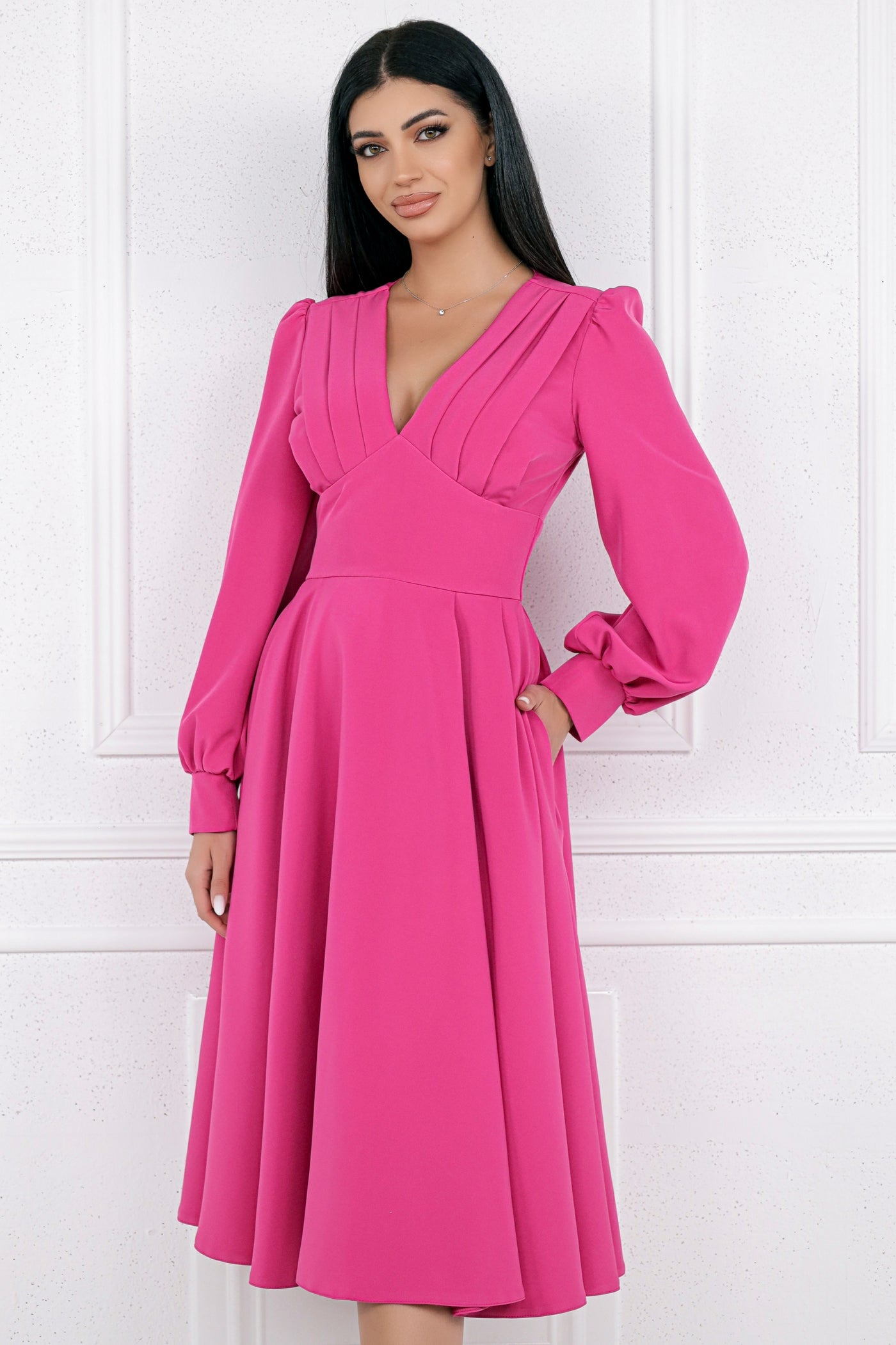 Rochie MBG fuchsia cu pliuri pe bust