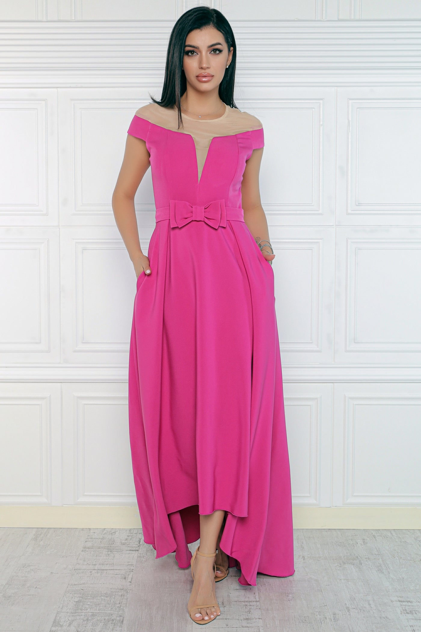 Rochie MBG fuchsia asimetrica cu funda in talie