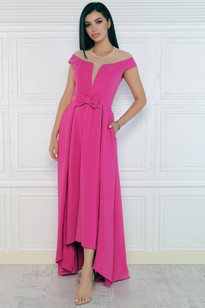 Rochie MBG fuchsia asimetrica cu funda in talie