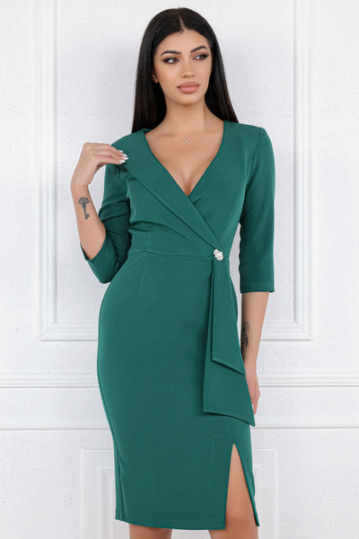 Rochie MBG verde cu design accesorizat cu brosa in talie