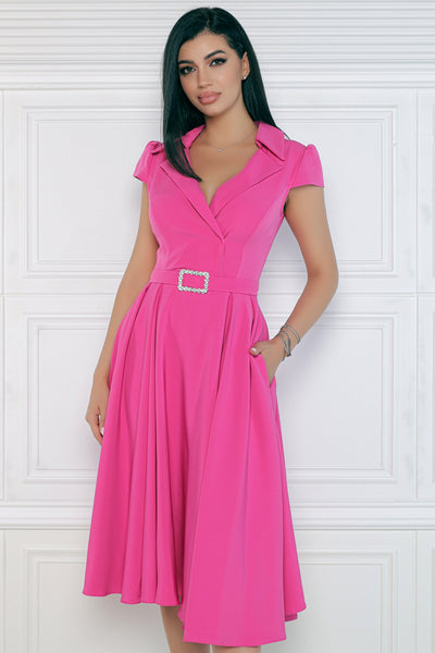 Rochie MBG fuchsia cu revere si catarama cu strasuri