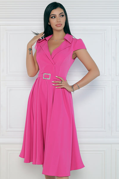 Rochie MBG fuchsia cu revere si catarama cu strasuri