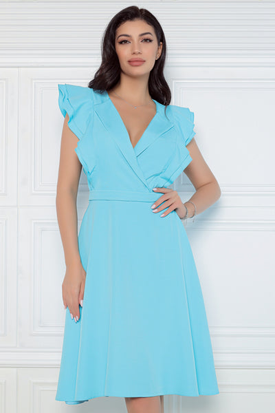 Rochie MBG bleu cu revere si volane la bust