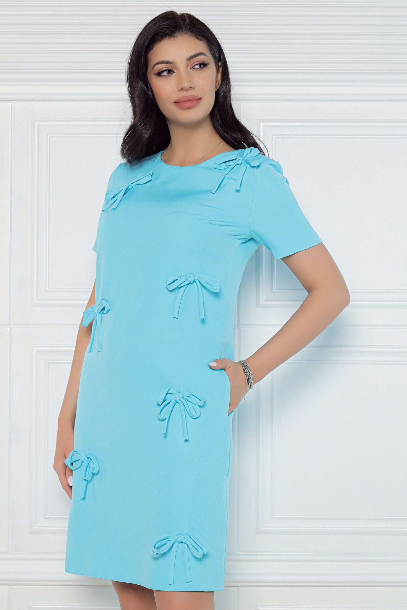 Rochie MBG bleu cu fundite aplicate manual