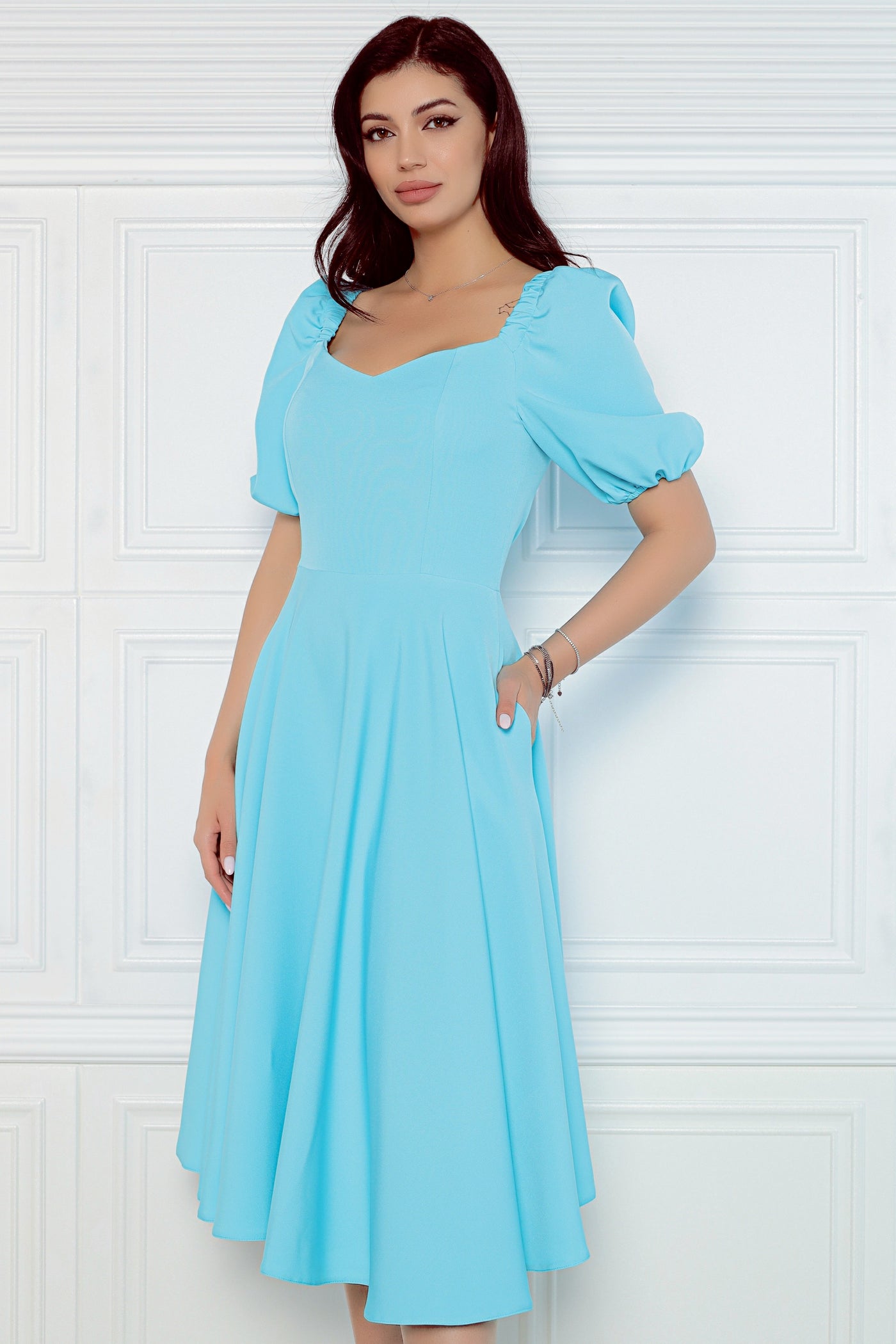 Rochie MBG bleu cu maneci bufante si buzunare