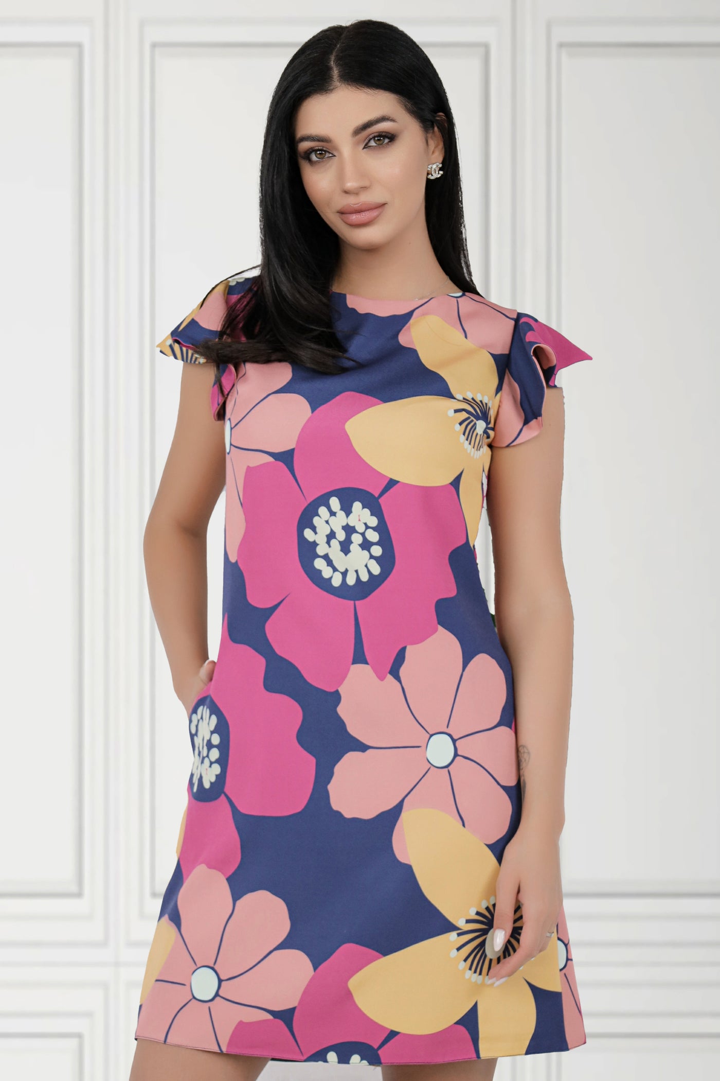 Rochie MBG bleumarin cu flori fuchsia