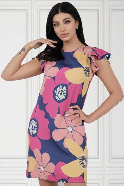 Rochie MBG bleumarin cu flori fuchsia