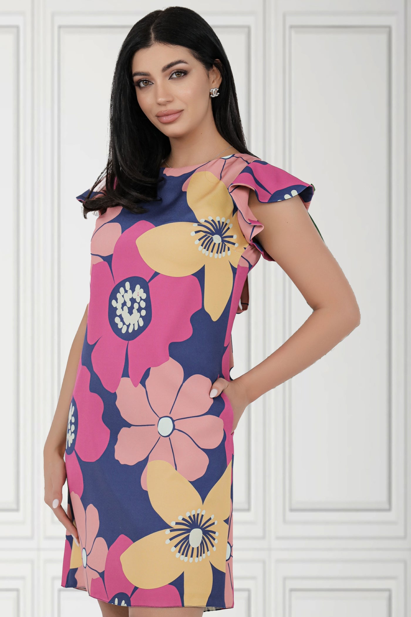 Rochie MBG bleumarin cu flori fuchsia