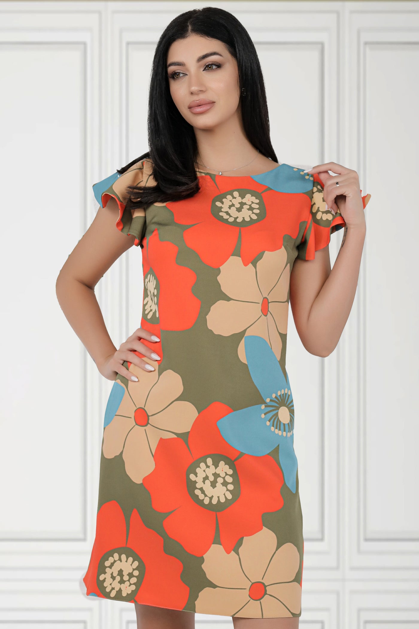 Rochie MBG olive cu flori orange